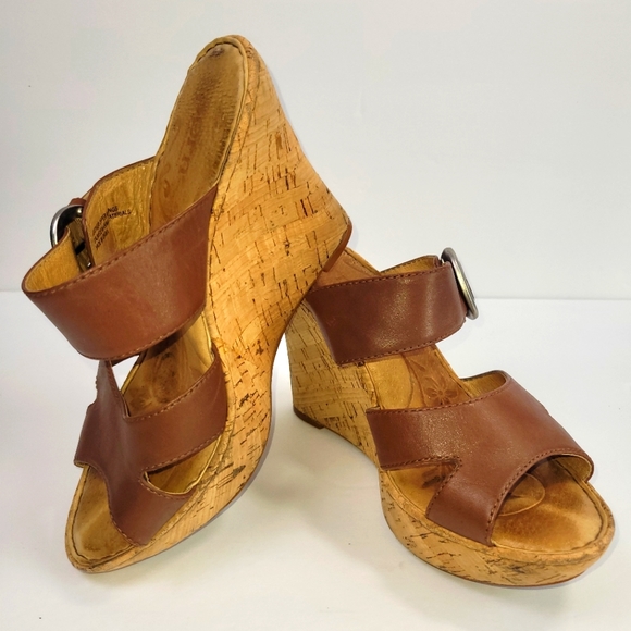 Born Shoes - Born Cork Wedge Strappy Chuncky Buckle Leather Spring Summer Sandals Size 39